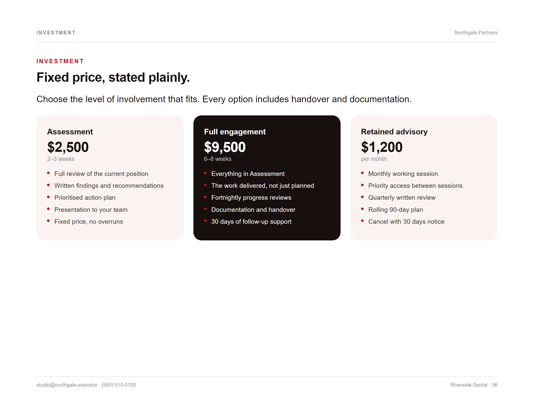Classic theme investment page in landscape: three plan cards with the middle one filled dark.