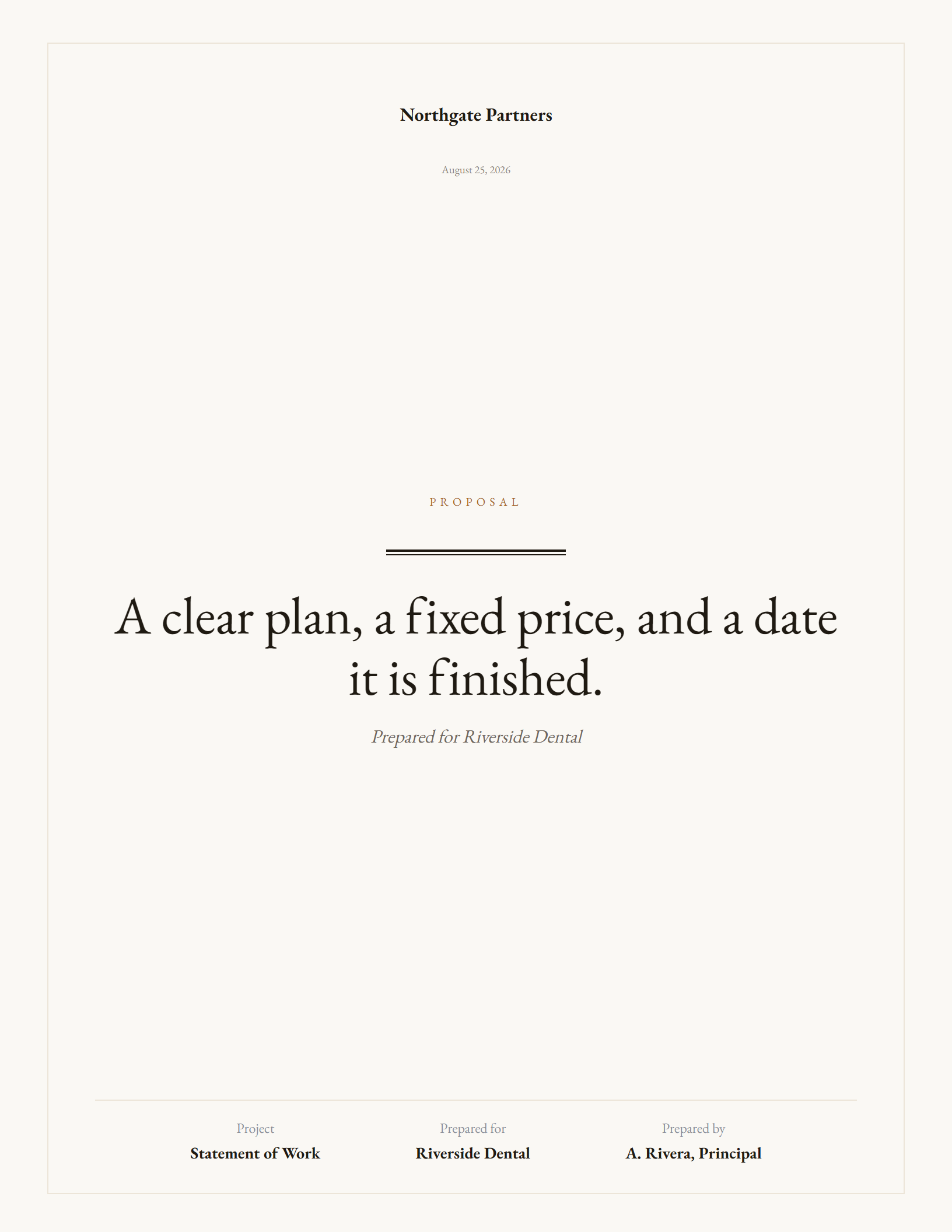 Vellum theme cover in portrait: centred serif title inside a hairline frame on warm paper.